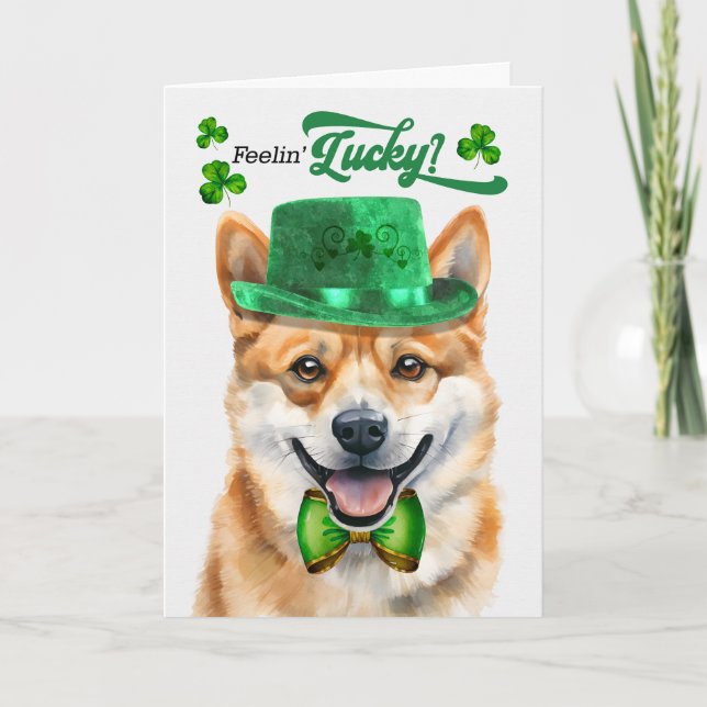 Shiba Inu Dog Feelin' Lucky St Patrick's Day Holiday Card (Front)