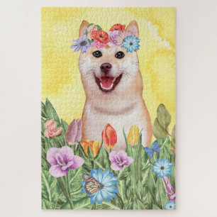 Shiba Inu Dog Flowers Jigsaw Puzzle
