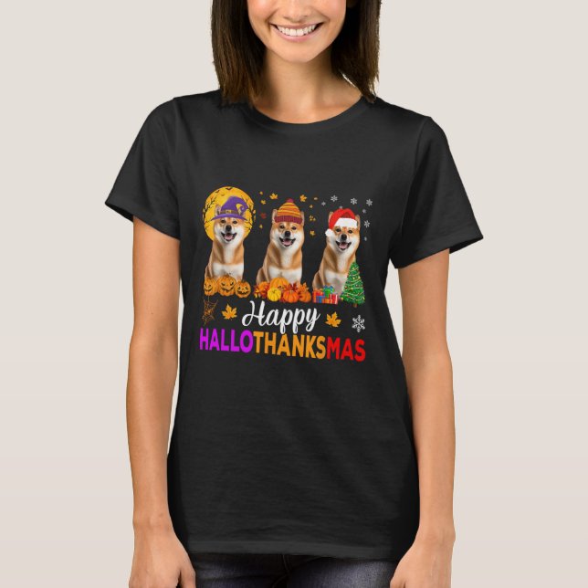 Shiba Inu Dog Halloween Christmas Hallothanksmas 1 T-Shirt (Front)