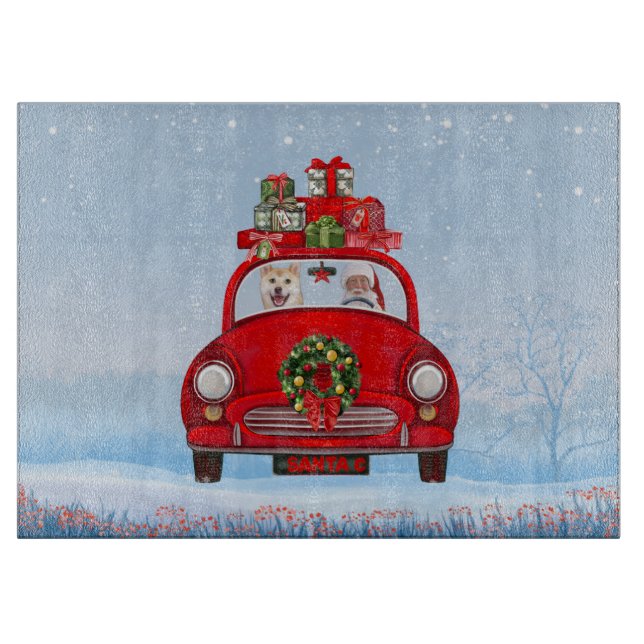 Shiba Inu Dog In Car With Santa Claus Cutting Board (Front)
