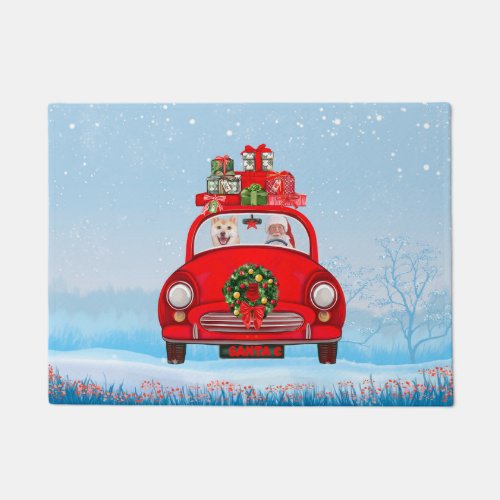 Shiba Inu Dog In Car With Santa Claus Doormat