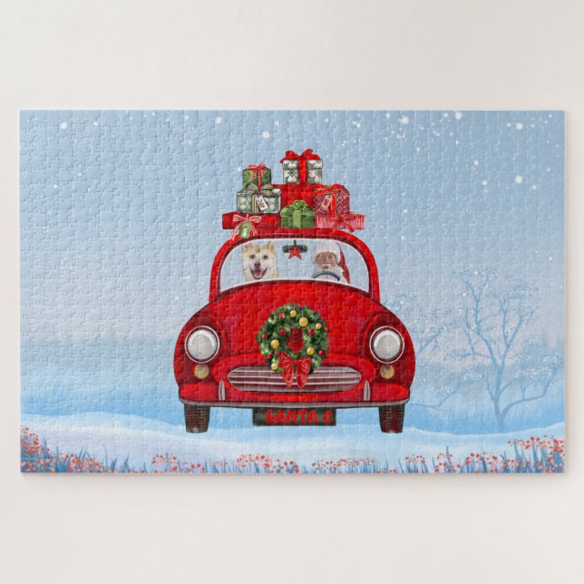 Shiba Inu Dog In Car With Santa Claus Jigsaw Puzzle (Horizontal)
