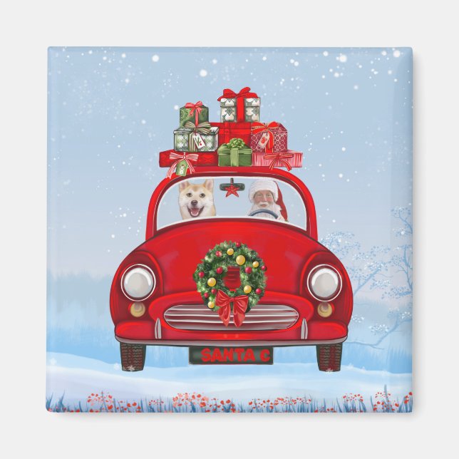 Shiba Inu Dog In Car With Santa Claus Magnet (Front)