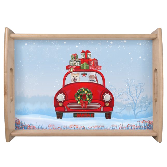 Shiba Inu Dog In Car With Santa Claus Serving Tray (Front)