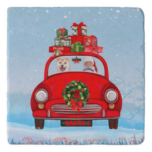 Shiba Inu Dog In Car With Santa Claus Trivet
