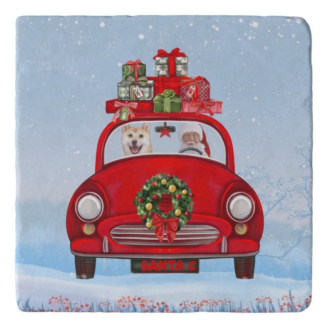 Shiba Inu Dog In Car With Santa Claus Trivet (Front)