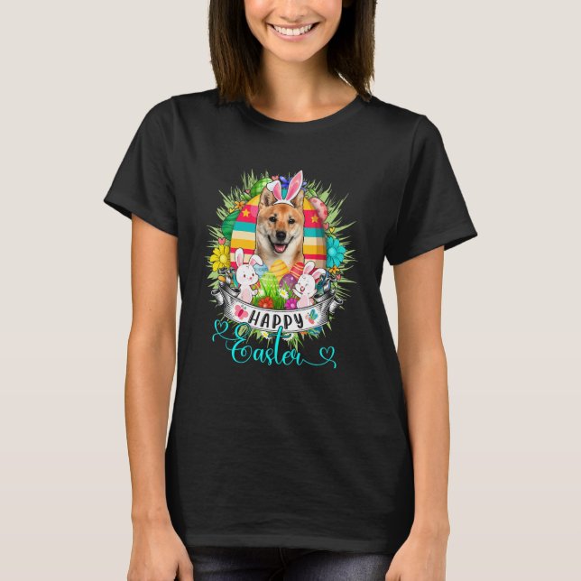 Shiba Inu Dog In Easter Eggs Basket Bunnies Happy  T-Shirt (Front)