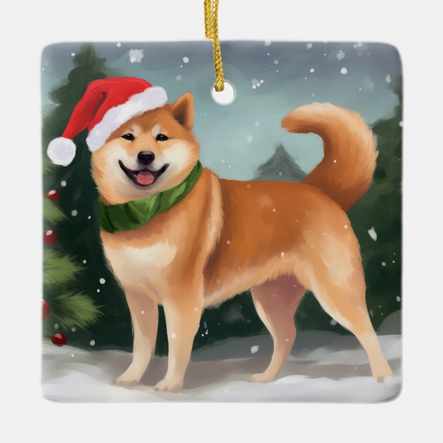 Shiba Inu Dog in Snow Christmas Ceramic Ornament (Front)