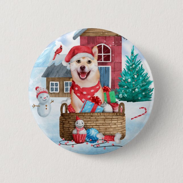 Shiba Inu Dog In snow Christmas Dog House Button (Front)