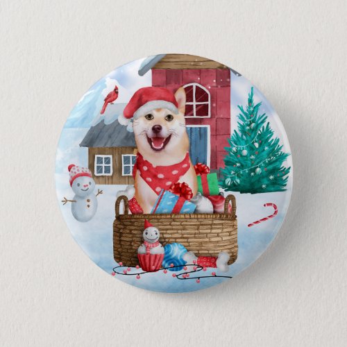 Shiba Inu Dog In snow Christmas Dog House Button