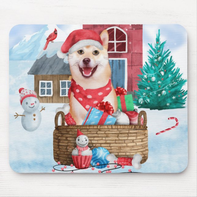 Shiba Inu Dog In snow Christmas Dog House Mouse Pad (Front)