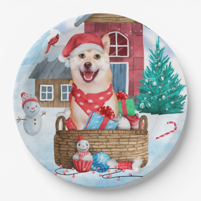Shiba Inu Dog In snow Christmas Dog House Paper Plates (Front)