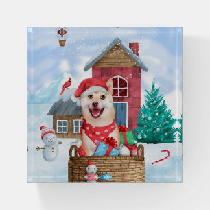 Shiba Inu Dog In snow Christmas Dog House Paperweight