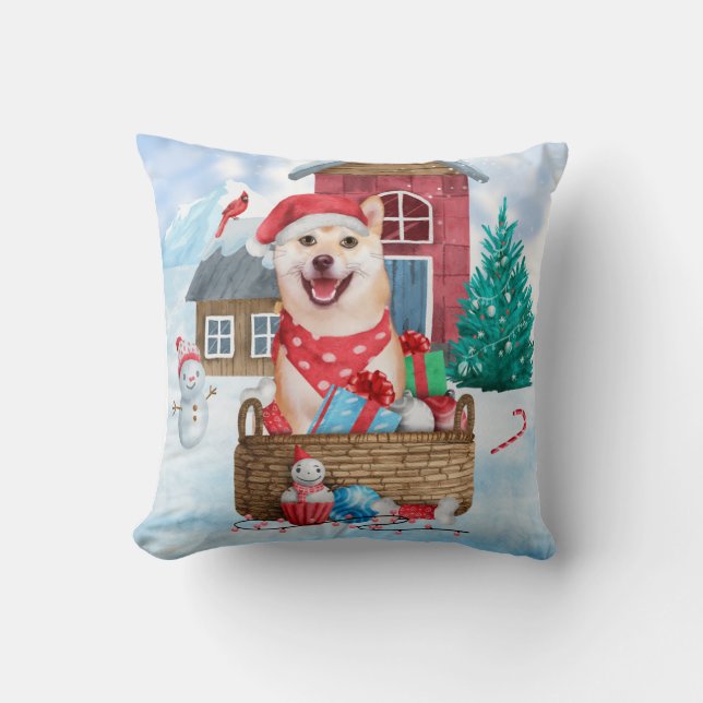 Shiba Inu Dog In snow Christmas Dog House Throw Pillow (Front)