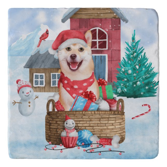 Shiba Inu Dog In snow Christmas Dog House Trivet (Front)
