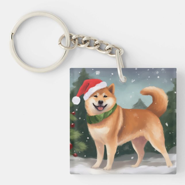 Shiba Inu Dog in Snow Christmas Keychain (Front)