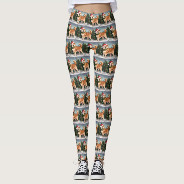 Shiba Inu Dog in Snow Christmas Leggings (Front)