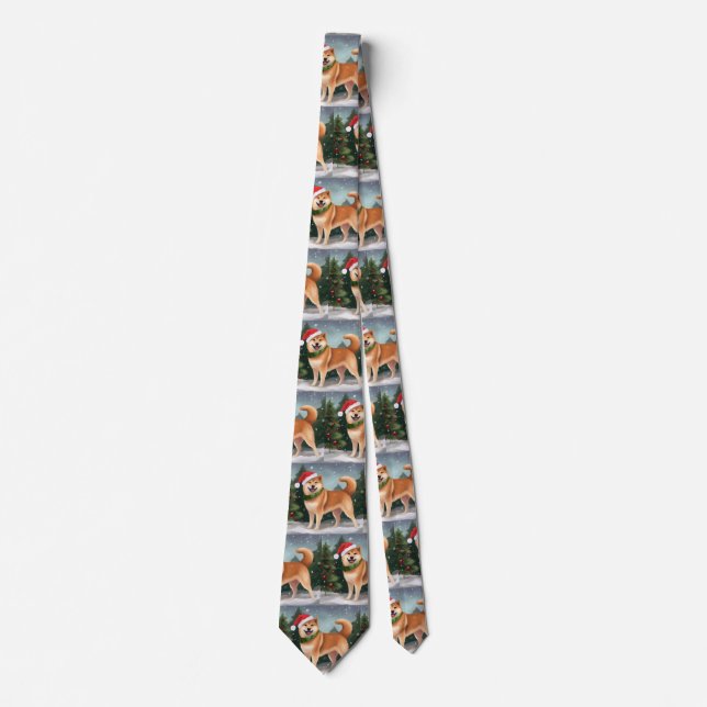 Shiba Inu Dog in Snow Christmas Neck Tie (Front)