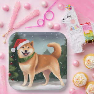 Shiba Inu Dog in Snow Christmas Paper Plates