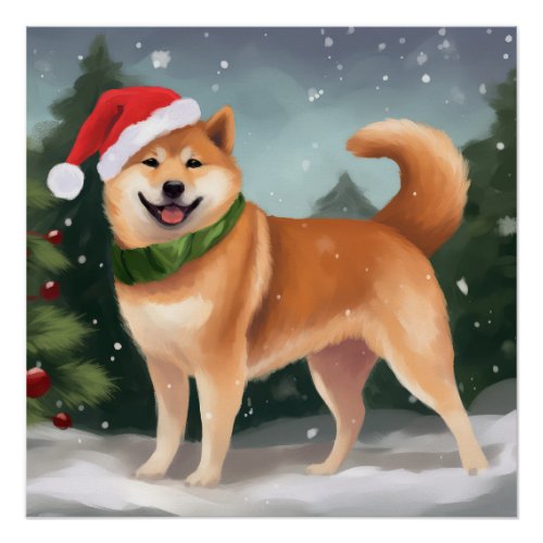 Shiba Inu Dog in Snow Christmas Poster