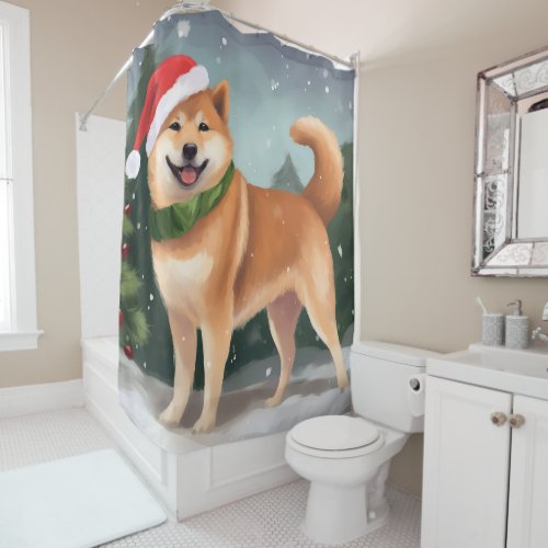 Shiba Inu Dog in Snow Christmas Shower Curtain