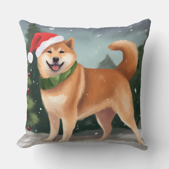 Shiba Inu Dog in Snow Christmas Throw Pillow (Front)