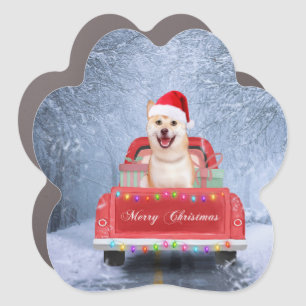 Shiba Inu Dog in Snow sitting in Christmas Truck Car Magnet