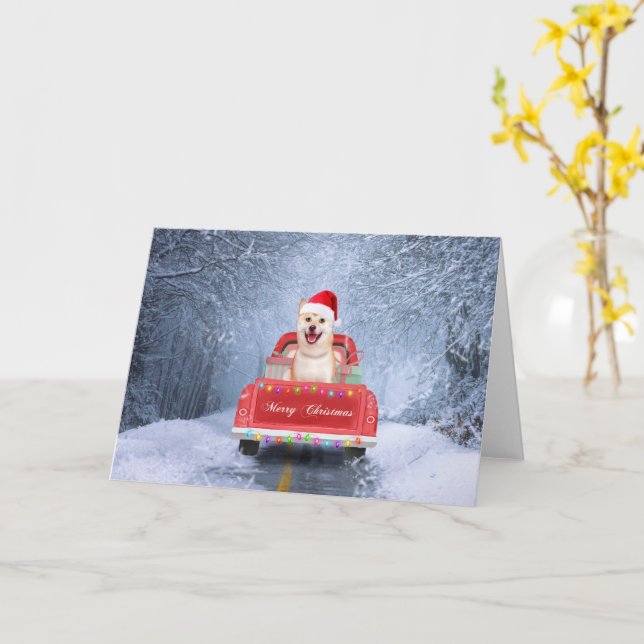 Shiba Inu Dog in Snow sitting in Christmas Truck Card (Yellow Flower)