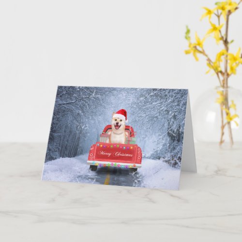 Shiba Inu Dog in Snow sitting in Christmas Truck Card
