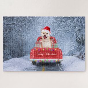 Shiba Inu Dog in Snow sitting in Christmas Truck Jigsaw Puzzle