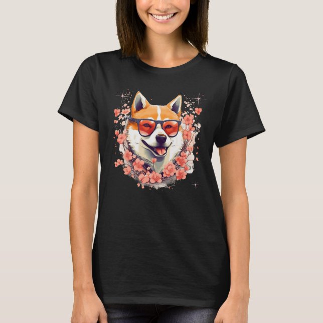 Shiba Inu Dog Japanese Cherry Blossom Sakura Flowe T-Shirt (Front)