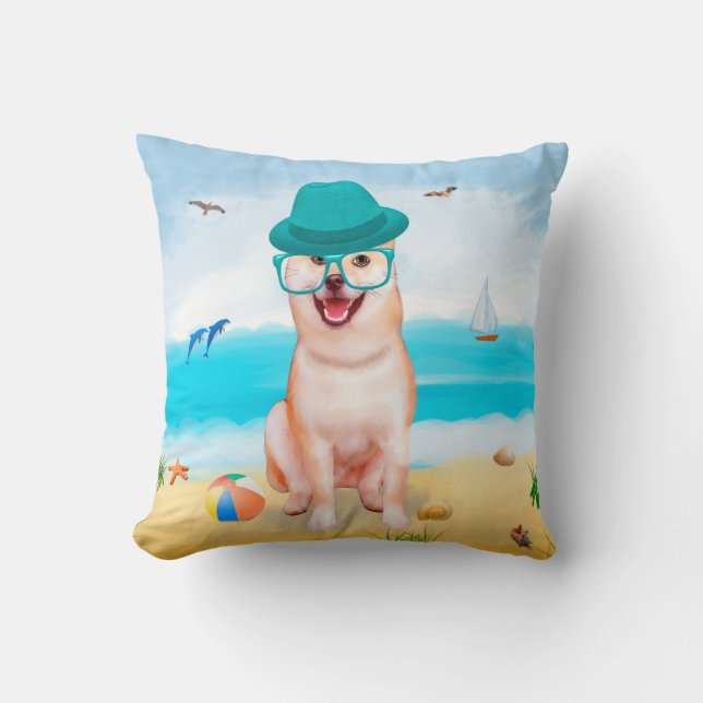  Shiba Inu Dog on Beach  Throw Pillow (Front)
