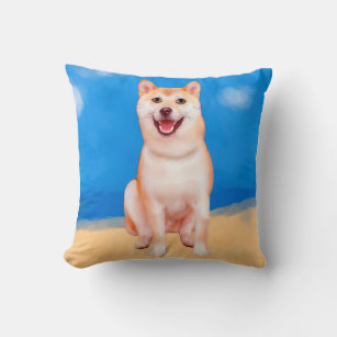 Shiba Inu Dog On Beach Throw Pillow