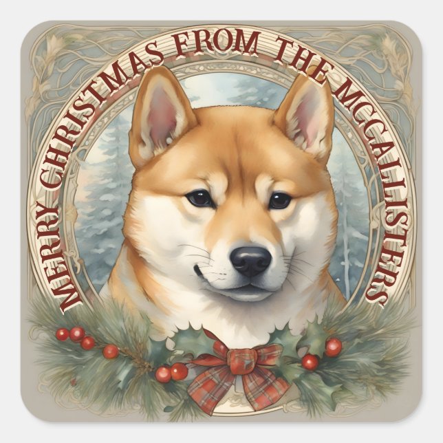 Shiba Inu Dog Personalized Christmas Card Sticker (Front)