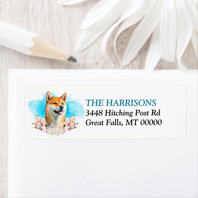 Shiba Inu Dog Pink Floral Return Address Label (Insitu)