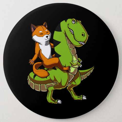 Shiba Inu Dog Riding T_Rex Dinosaur Button