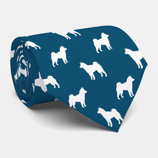 Shiba Inu Dog Silhouettes Pattern Blue and White Tie (Rolled)