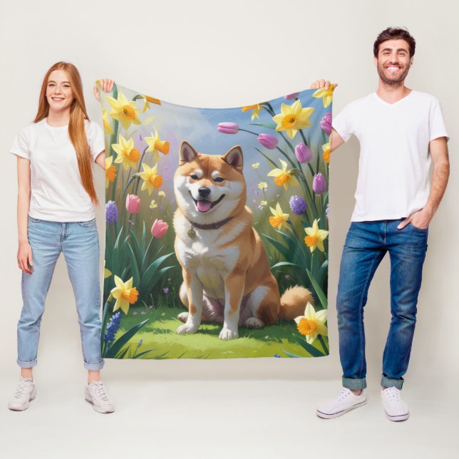 Shiba Inu Dog Spring Flowers Painting Fleece Blanket (In Situ)