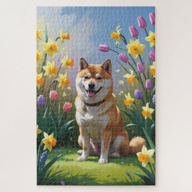 Shiba Inu Dog Spring Flowers Painting Jigsaw Puzzle (Vertical)