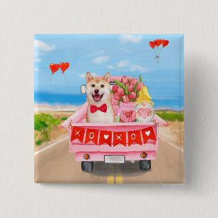 Shiba Inu Dog Valentine's Day Truck Hearts Button