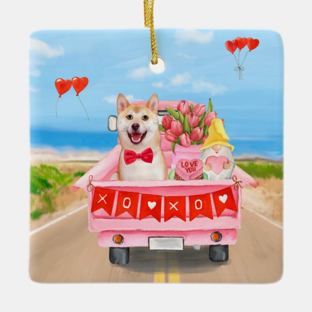 Shiba Inu Dog Valentine's Day Truck Hearts Ceramic Ornament (Front)