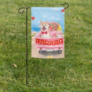 Shiba Inu Dog Valentine's Day Truck Hearts Garden Flag