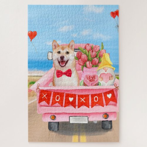 Shiba Inu Dog Valentines Day Truck Hearts Jigsaw Puzzle