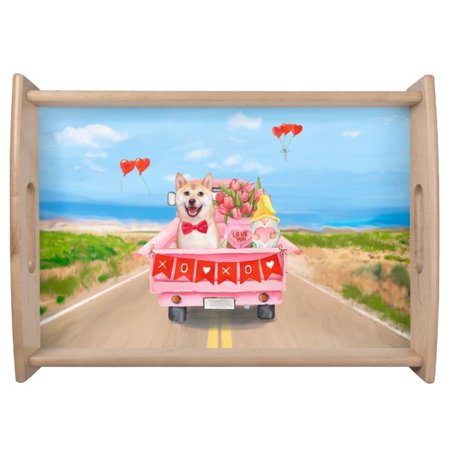 Shiba Inu Dog Valentine's Day Truck Hearts Serving Tray (Front)
