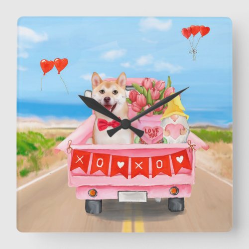 Shiba Inu Dog Valentines Day Truck Hearts Square Wall Clock