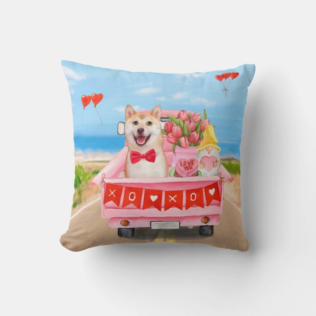 Shiba Inu Dog Valentine's Day Truck Hearts Throw Pillow (Front)