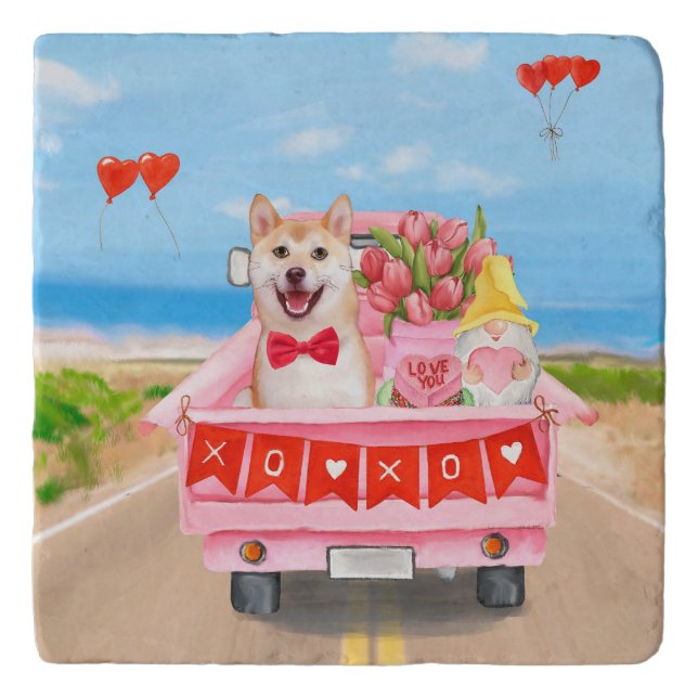 Shiba Inu Dog Valentine's Day Truck Hearts Trivet (Front)