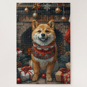 Shiba Inu Dog With Christmas Gifts Fireplace Jigsaw Puzzle