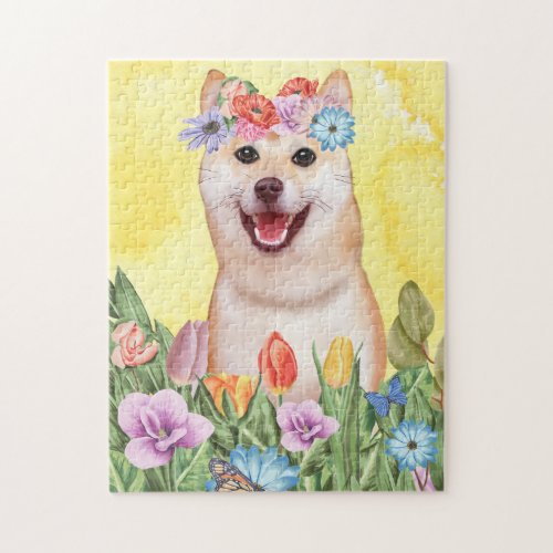 Shiba Inu Dog with Flowers Spring Jigsaw Puzzle