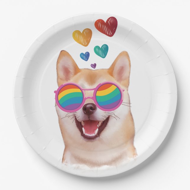 Shiba Inu Dog with Hearts Valentine's Day Paper Plates (Front)